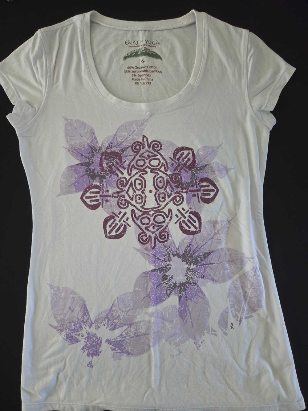 Earth Yoga Cream Scoop Neck Tee with Purple Floral Mandala - Picture 2 of 4